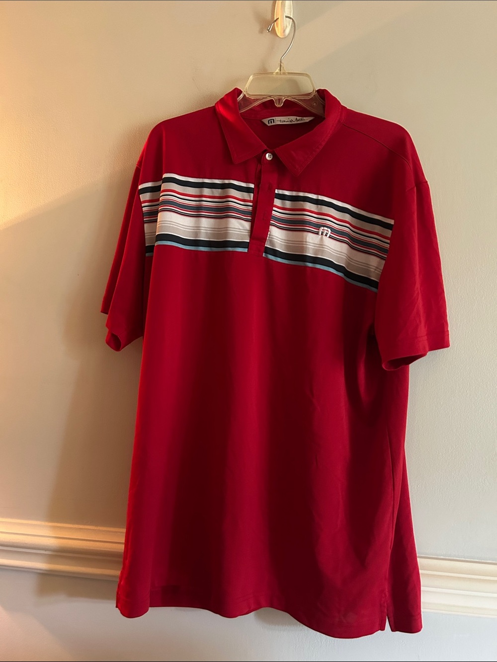 Travis Mathew Red Short-Sleeve Polo with Striped Chest